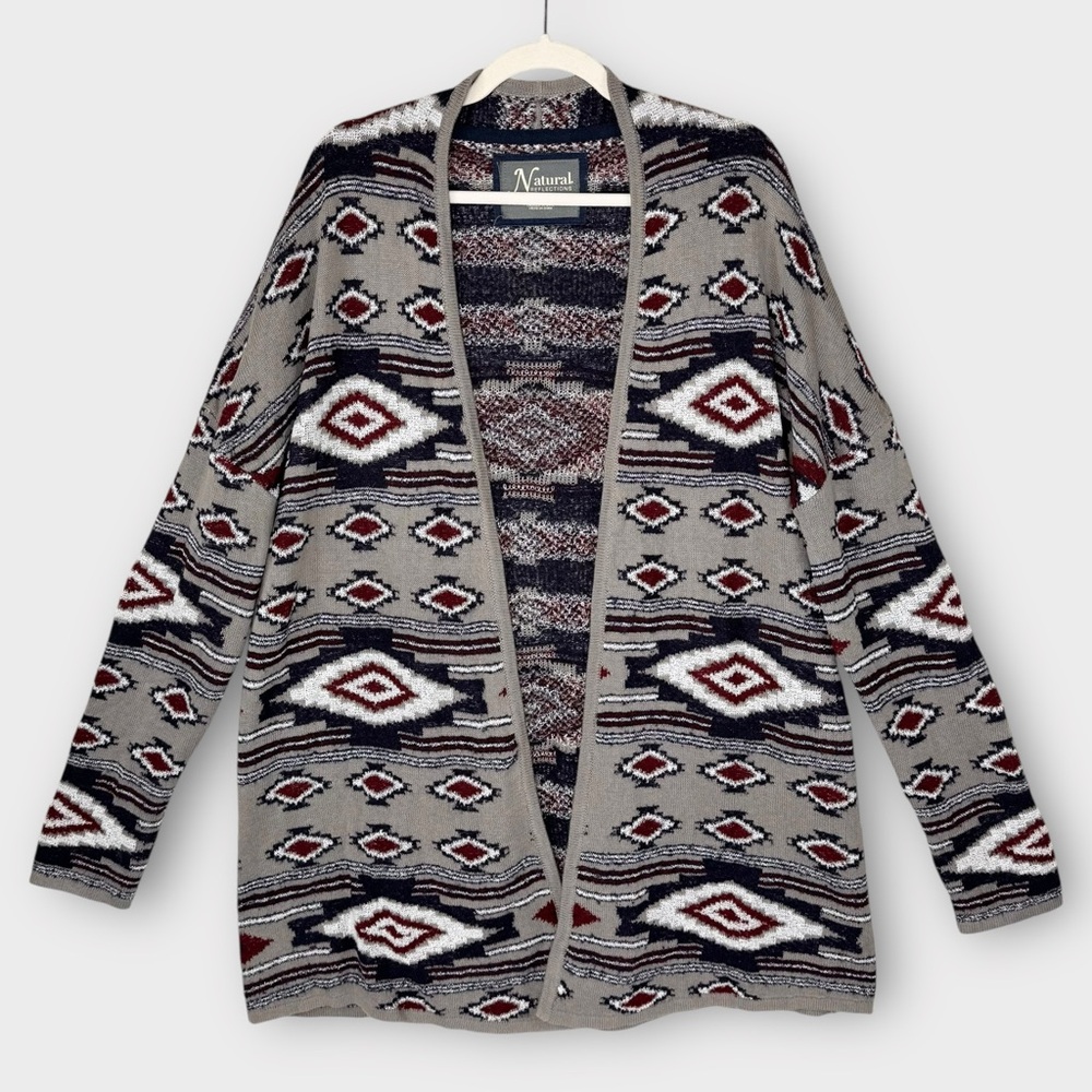 Natural Reflections Gray Wool Blend Aztec Southwest Long  Cardigan Sweater 1X - Picture 2 of 8